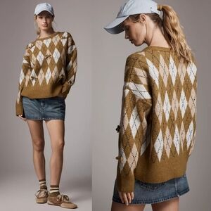 Anthropologie Maeve 3D Bow Argyle Crew-Neck Jumper